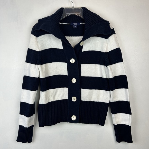 Chaps Sweaters - Chaps Ralph Lauren Cardigan Sweater Women L Blue White Stripe Button Nautical